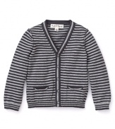 All-over stripes add classic preppy charm with a sprinkle of whimsy to a cotton cardigan from Pearls & Popcorn.