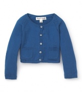 Oozing Old World charm, this picture-perfect cardigan has a ribbed crewneck and ribbing and pointelle pattern along the raglan sleeves.