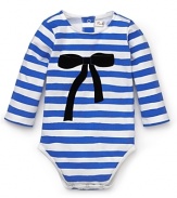 Channel quirky-cool Parisian chic with this charming striped and bow print bodysuit from Pearls & Popcorn.