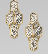 A graphic geometric design with bold python skin inlays.Python 14K goldplated Length, about 2¾ Width, about 1¼ Post backs Made in USA Please note: Pattern may vary. Additional InformationThis item cannot be shipped to the following state(s): California .