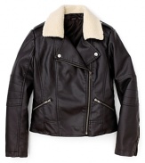 Little girls will love the grown-up look of this faux leather bomber jacket from Aqua, featuring a soft sherpa collar and edgy zip trim.