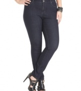 A sleek wash elegantly finishes DKNY Jeans' plus size skinny jeans for a flattering look.
