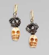 A gothic-inspired piece in a trio of materials. Blacken sterling silver Cow bone Drop, about 1¼ 18k gold ear wire Made in Italy