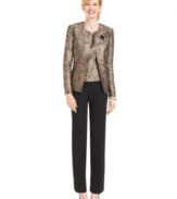 Metallic brocade lets you shine this holiday season. Kasper's unique pantsuit features a removable jeweled brooch for a little extra sparkle.