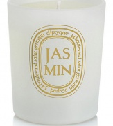 The Limited Edition Jasmine white colored votive, a classic scent that is fresh and opulent, green and exhilarating at sunrise. The flower emanates warm vanilla aromas around midday. Burn time is approximately 20 hours. 2.4 oz.