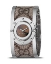 A beige/ebony Gg fabric bangle cuff watch from the Gucci Twirl collection. With logo printed fabric bangle and a stainless steel frame. Brown sun-brushed dial and jewelry clasp.