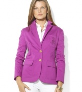 Lustrous signature buttons and Lauren Ralph Lauren's iconic monogram luxuriously accent a trim blazer crafted from smooth stretch sateen.