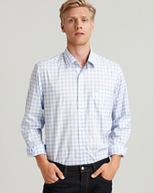 Gingham is the season's go-to pattern. We love the way this slim fit shirt looks layered under your sport coat or chunky sweater. Gingham is the season's go-to pattern. We love the way this slim fit shirt looks layered under your sport coat or chunky sweater.