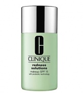Soothing oil-free makeup instantly color-corrects flushing, blushing. Calming ingredients help minimize flare-ups. Beneficial probiotic technology helps strengthen skin's barrier. Keeps environmental triggers at bay with SPF plus antioxidants. Apply after using your Redness Solutions Redness Regimen or 3-Step Skin Care. Shake bottle well. Squeeze a few drops of foundation onto the back of your clean hand. With Foundation Brush or clean fingertips, smooth makeup into skin, starting in center of face, blending out toward hairline and jawline. Remove with your favorite Clinique oil-free makeup remover.