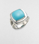 From the Albion Collection. A brilliantly colored cushion of turquoise sits within a smooth setting and split cable band of sterling silver. Turquoise Sterling silver About ¾ square Made in USA