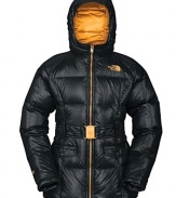 A chic belted jacket with a cozy quilted shell and goldtone accents at the hood, chest and belt.