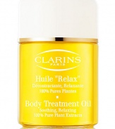 Relax Body Treatment Oil. This aromatic body treatment is ideal for enhancing relaxation and promoting total well-being. Its concentrated formula contains 100% natural extracts and oils to help combat stress and fatigue and relieve tension. Moisturizes skin, leaving it soft and smooth. Imported from France. 3.4 oz. 