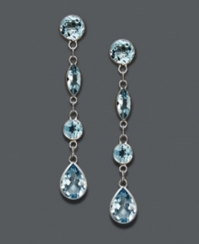 Incorporate ocean-inspired hues into your look. These dazzling drop earrings highlight round, marquise, and pear-cut blue topaz gemstones (4-1/6 ct. t.w.) that glisten within a 14k gold setting. Approximate drop: 2 inches.