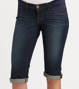 Dark-wash denim articulated in an abbreviated shape, featuring side stretch panels for comfort and flexibility.Zip fly Two-pocket style Cuffed hem Rise, about 7½ Inseam, about 18 92% cotton/7% polyester/1% spandex; machine wash Made in USA