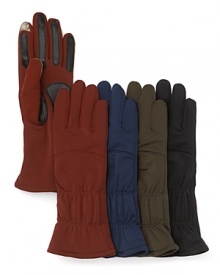Stylish gloves with leather protective pads and tech sensitive thumb and index finger ensuring hands are warm even while texting. Stylish gloves with leather protective pads and tech sensitive thumb and index finger ensuring hands are warm even while texting.