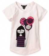 Up and away with this Little Marc Jacobs tee flaunting a wide-eyed girl with balloons graphic and hip hi/lo hem.