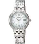 Careful attention to detail and solar power by Seiko delivers you two-month energy storage, quick start function and energy depletion warning. Stainless steel bracelet and round case, 28mm. White patterned dial features silvertone luminous hands, stick indices, Roman numerals at twelve and six o'clock, date window at three o'clock and logo. Solar quartz movement. Water resistant to 30 meters. Three-year limited warranty. A Macy's exclusive.