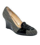 Studious style. Shining patent leather lends sophistication to the tweed Manni loafer wedges from Circa by Joan & David.