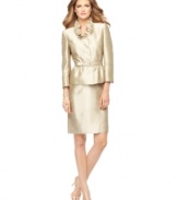 Tahari by ASL's skirt suit features a sumptuous shantung texture and a luxe shimmer throughout. A ruffled neckline is a feminine touch while the belted waist provides definition.