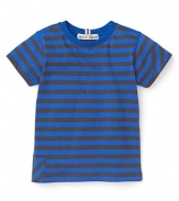 Bold stripes and contrasting patch details add boyish charm to a Pearls & Popcorn tee.