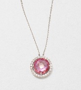 A faceted round pink topaz stone surrounded by dazzling white sapphires set in 14k rose gold on a delicate link chain. Pink topazWhite sapphire14k rose goldLength, about 16Pendant size, about .3 Spring ring closureMade in USA