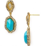 Alexis Bittar's crystal encrusted drop earrings blend bright stones with gleaming gold for a ruggedly rich look.