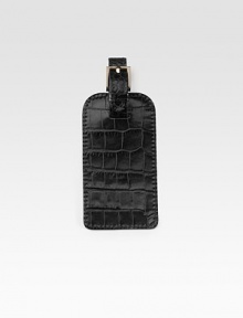 An elegant travel essential is handmade in croco-textured leather. Buckle closure 6¼ X 2½ Made in USA An elegant travel essential is handmade in croco-textured leather. Buckle closure 6¼ X 2½ Made in USA