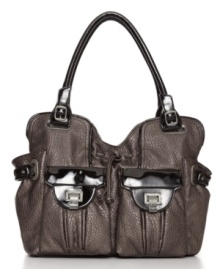 Glossy patent trim, a trendy drawstring and creative hardware embellish the pebbled Metro tote from Jessica Simpson with downtown style. Glossy patent trim, a trendy drawstring and creative hardware embellish the pebbled Metro tote from Jessica Simpson with downtown style.