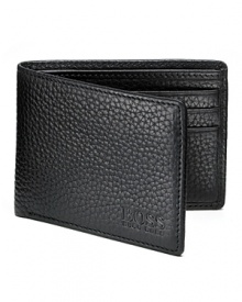 Pebbled leather billfold with two sections and six credit card slots. Logo stamped on front. Pebbled leather billfold with two sections and six credit card slots. Logo stamped on front.