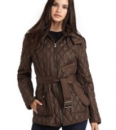 THE LOOKDiamond quilted designZip-off hoodRounded collarFront zipperStorm flaps with snapsFront zip pocketDual snap flap pocketsRemovable tie beltLong sleevesTHE FITAbout 27 from shoulder to hemTHE MATERIALShell and fill: polyesterFully linedCARE & ORIGINDry cleanImportedModel shown is 5'10 (177cm) wearing US size Small. 