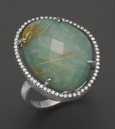 Diamonds circle a faceted rutilated quartz and green amazonite doublet in a sterling silver band. By Di Massima.