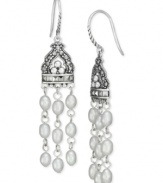 An elegant combination. Genevieve & Grace's drop earrings bring together cultured freshwater pearls (4-4-1/2 mm), sterling silver and marcasite for a statement that's truly stunning. Approximate drop: 2-1/4 inches.