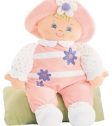 Gund Sonja Dolly. This plush dolly is squeezable soft. She's dress in a floral accented jumpsuit and matching hat. Pillow not included.