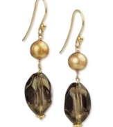 Earthy elements combine for a bohemian vibe. These pretty earrings feature bronze-colored cultured freshwater pearls (7-1/2-8 mm) and smokey quartz (18 ct. t.w.). Set in 18k gold over sterling silver. Approximate drop: 1-1/4 inches.