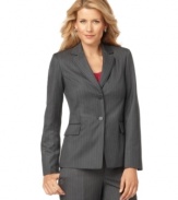 Calvin Klein's classic pinstripe jacket features modern flourishes like a double-lapel collar and matte buttons for a sleek look at an amazing price!