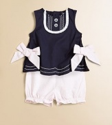 You'll love the impeccable tailoring in plush cotton with the most precious, sailor-inspired finishing touches. Top Crewneck with button detailSleevelessBack button closureBows on waistEmbroidered hem Shorts Elastic waistbandElastic leg openings with rufflesCottonMachine washImported Please note: Number of buttons may vary depending on size ordered. 