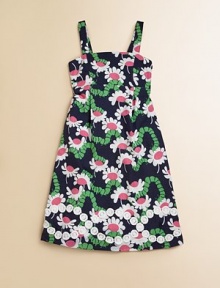 A traditional A-line frock is given a pretty update with vibrant flowers and lace trim.Straight necklineSleevelessSmocked, elastic backFull skirtCottonMachine washImported A traditional A-line frock is given a pretty update with vibrant flowers and lace trim.Straight necklineSleevelessSmocked, elastic backFull skirtCottonMachine washImported