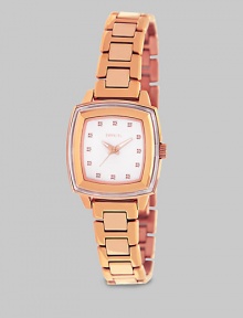 From the Orchestra Collection. Sparkle in this elegant, Swarovski crystal accented timepiece. Quartz movementWater resistant to 5 ATMRectangular rose goldtone ion-plated stainless steel case, 29mm (1.2) X 29mm (1.2) Smooth bezelWhite dialFour Swarovski crystal markersSecond handRose goldtone ion-plated stainless steel link braceletImported