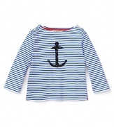 Your dapper little man will make stylish waves in a nautical-inspired breton top with an anchor print from Pearls & Popcorn.