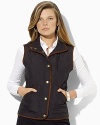 A chic quilted vest is accented with faux-suede details for a look that is steeped in heritage inspiration.