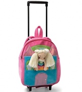 From Gund, an adorable colorblock packpack on wheels, with an expandable handle and princess doll tucked in the back pocket.