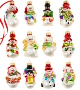 Too cute. Twelve mini snowmen ornaments, unique in their own way, spread bright cheer and happinesss to every branch in your Christmas tree.