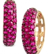 Resplendent in red. EFFY Collection's hoop earrings dazzle with round-cut rubies (5/8 ct. t.w.) adding an elegant touch. Earrings crafted from 14k gold. Approximate drop: 1/2 inch. Approximate width: 1/6 inch.