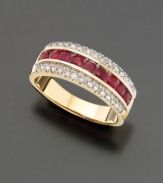 This band ring boasts round-cut rubies (9/10 ct. t.w.) and sparkling round-cut diamond accents. Set in 14k gold.