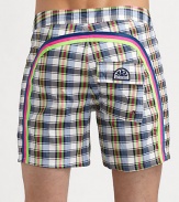 Comfortable, quick dry trunks have a lace-up waist and signature rainbow detail across the back and down the leg. Drawstring waist Grip-tape fly Back flap pocket with grip-tape closure Partial lining Inseam, about 7 Polyester Machine wash Imported 
