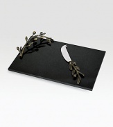 Symbolizing peace and harmony, the olive branch and its shapely leaves gracefully accent a simple slab of rich black granite and form the handle of the matching knife. From the Olive Branch CollectionGranite, oxidized bronze and stainless steel8½W X 12½L; knife 8LHand washImported