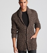 Modeled after those vintage sit-by-the-fire sweaters, this stylish shawl collar cardigan pulls the string for a truly modern look, the perfect layer when you're headed out with friends or, well, sitting by the fire.