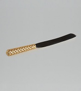 Stainless steel bread knife with gold-plated hollow braid patterned handle coordinates well with a special table display. Available in platinum plating. 13 long Comes in gift box Imported