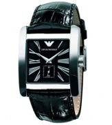 Rock solid style day and night. This Emporio Armani watch features a croc-embossed black leather strap with a stainless steel square case. Black dial with silvertone roman numerals. Silvertone logo, two hands and subdial. Quartz movement. Water resistant to 30 meters. Two-year limited warranty.
