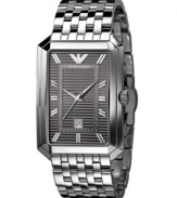 Emporio Armani displays an impressive use of texture with this stylish watch. Stainless steel bracelet and rectangular case. Gunmetal textured dial with silvertone stick indices, logo and date window. Quartz movement. Water resistant to 50 meters. Two-year limited warranty.